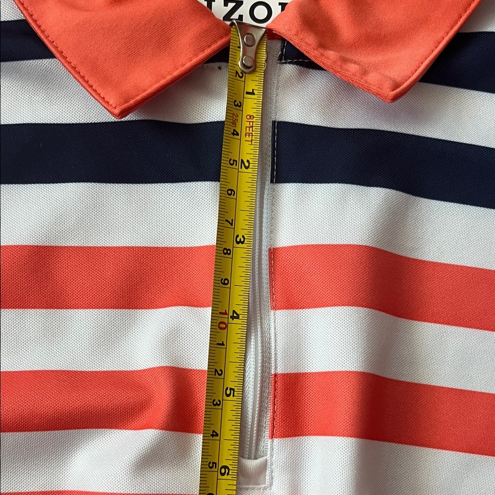 Like new Izod Women's 1/4 zip Down Shirt - Coral, White, and Navy Stripes - Picture 12 of 12